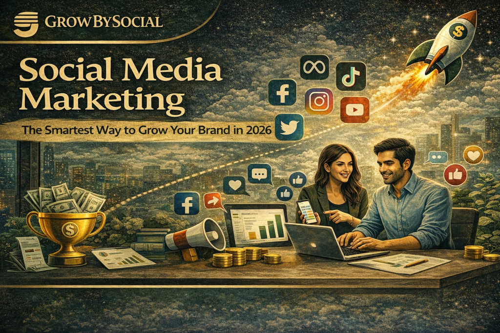 social media marketing strategy illustration with team working on laptop and business growth concept