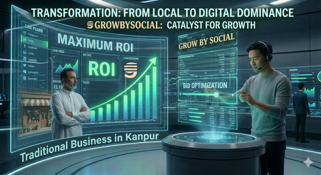 Digital marketing transformation by GrowBySocial in Kanpur: showing a traditional local shop transitioning into a futuristic high-ROI digital marketplace with interactive data analytics.